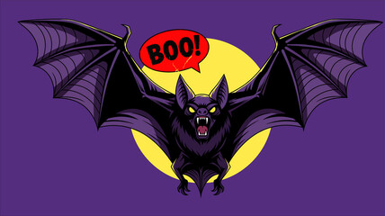 Bat with a terrifying expression and the text "BOO" on a full moon and purple sky background. Ideal for announce Halloween. Halloween bat screaming "BOO" in front of a full moon on a purple backgroun