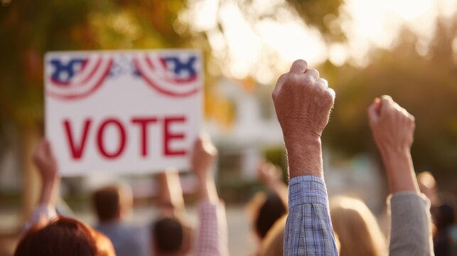 People raise their fists in support of voting during a community rally in the late afternoon light