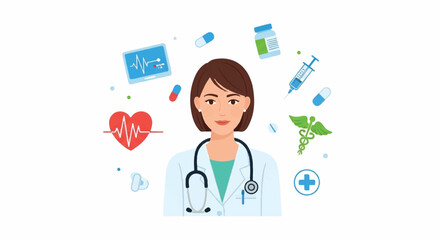 Female doctor with a stethoscope surrounded by medical icons representing healthcare, including a heart, EKG monitor, pills, and a syringe on a white background.
