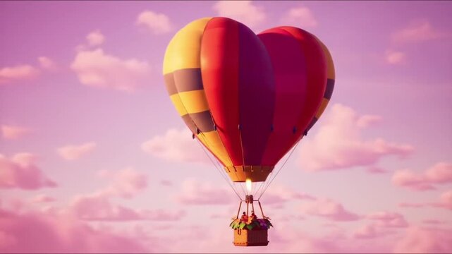 Colorful Hot Air Balloon Floating Through Pink Sunset Sky Aerial View