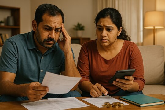 Couple reviewing financial documents.