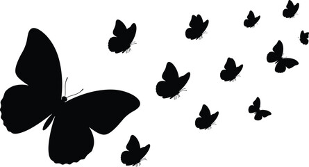 Silhouette of flying butterflies in various sizes, elegant black vector design, nature insect wings, freedom, peaceful wildlife, fluttering insects pattern.