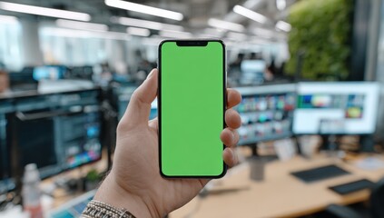 Close-up of a hand holding a smartphone with a green screen in a modern office setting