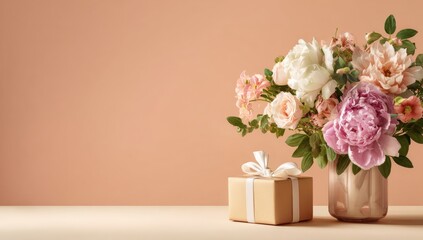 Fototapeta premium Soft pastel flowers and gift