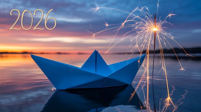 Blue paper boat on water with sparkler at sunset and 2026 text for new year celebration concept
