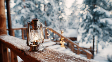Lantern shines brightly on snowy deck with trees and warm lights in winter