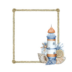 A rope frame in a nautical style with a lighthouse and seashells in beige, blue and red tones. Watercolor illustration for children's room, printing, packaging.