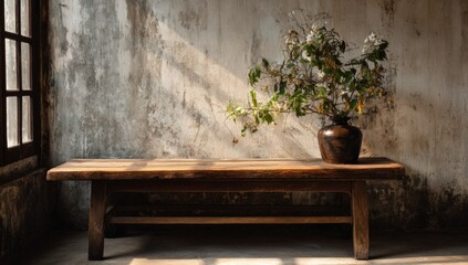 Rustic wooden bench with vase of flowers