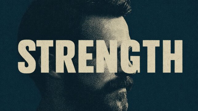 Man with a beard and strong expression displaying the word strength against a dark background