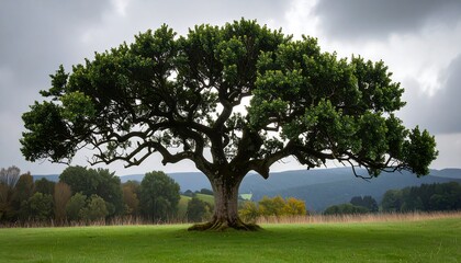 Fototapeta premium A majestic, sprawling tree stands sentinel in a tranquil, grassy field, overlooking a rolling landscape of hills.