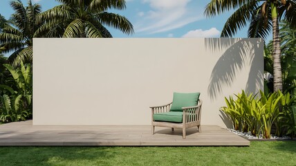 Outdoor relaxation space with chair against white wall and tropical palm trees in summer garden
