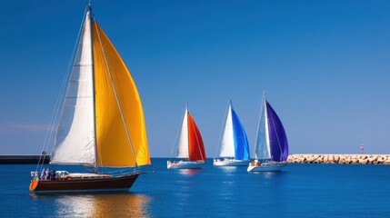 Fototapeta premium Colorful sailboats with vibrant sails navigate a calm harbor under a clear blue sky. Category Transport
