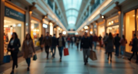 Blurred view of a busy indoor shopping arcade, with many people strolling past brightly lit storefronts under a glass ceiling.