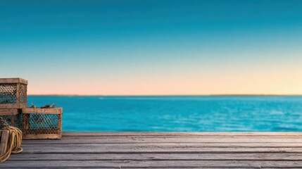 Serene waterfront view at sunrise with wooden crates on a dock and calm ocean in the background