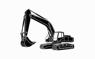 Minimalist black and white silhouette of an excavator construction vehicle with a large digging arm and bucket.