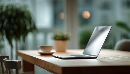 Laptop on a wooden table in a bright, airy room