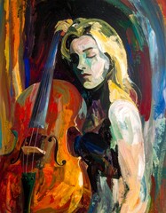 Woman and violin, vibrant abstract art