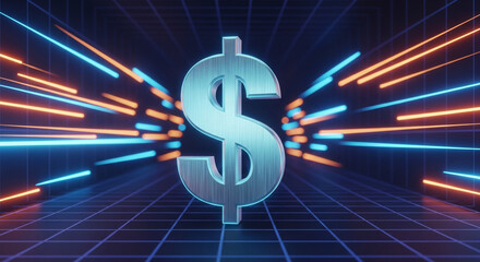 Metallic dollar sign on grid floor, neon lights background, showcasing financial success, wealth, and prosperity