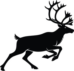 Black silhouette of a running reindeer, wildlife animal, nature symbol, winter season, Christmas icon, forest creature, wildlife illustration, antlers, outdoor.