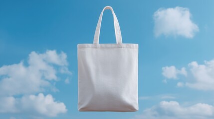 Blank White Tote Bag Hanging in Air Against a Clear Blue Sky with Soft Clouds Perfect for Promotional Use and Eco-Friendly Packaging
