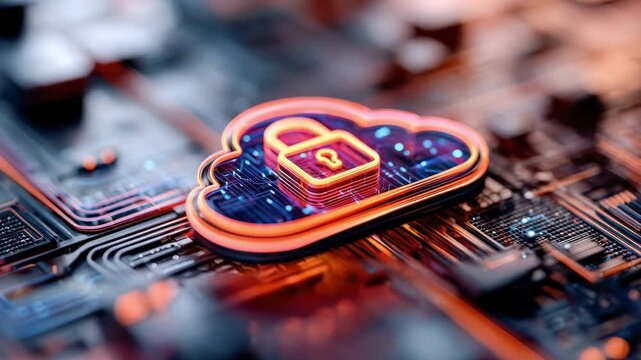Cloud security concept showcasing a glowing lock symbol over a circuit board, illustrating data protection and digital safety in technology