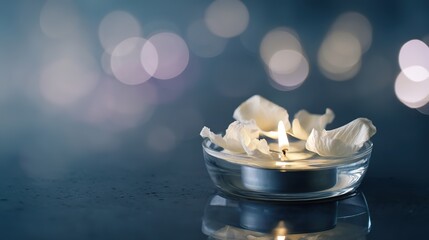 Candle flame reflected in water with floating petals against a soft blue bokeh background.