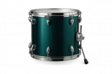 Green drum with pedal and chrome details standing on transparent background, ready for music production