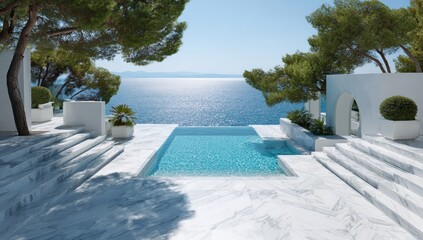 Fototapeta premium Coastal infinity pool. Tranquil white architecture