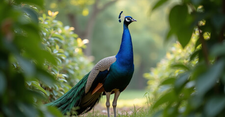 Fototapeta premium A peacock standing in shaded garden with soft greenery