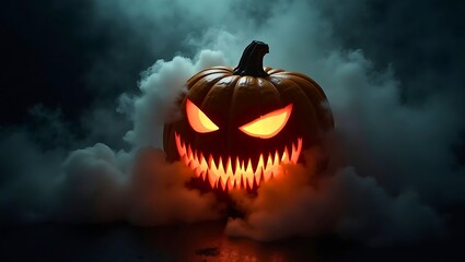 Scary Glowing Jack O'Lantern Halloween Pumpkin on a Foggy Night