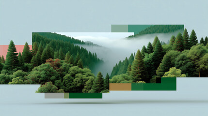 Mountains and green forest are divided into different cubic parts. Natural landscape with digital errors. Glitch art style. Balance of nature and technology.