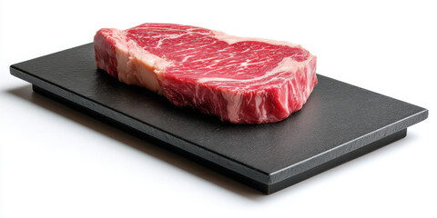 A perfectly cut, intensely marbled A5 Wagyu Ribeye steak, in a sleek matte black ceramic tray, Pure white background. 
