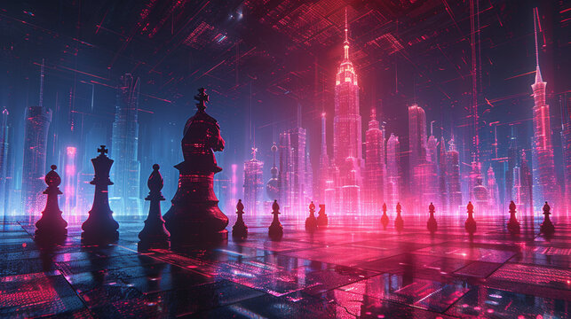 Futuristic chess game in a neon-lit, digital cityscape.