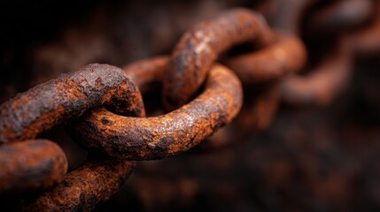 Obraz premium Close-up of a rusty chain link showcasing texture and decay against a blurred background of rust