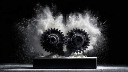 Two gears exploding in a cloud of white powder on a dark platform