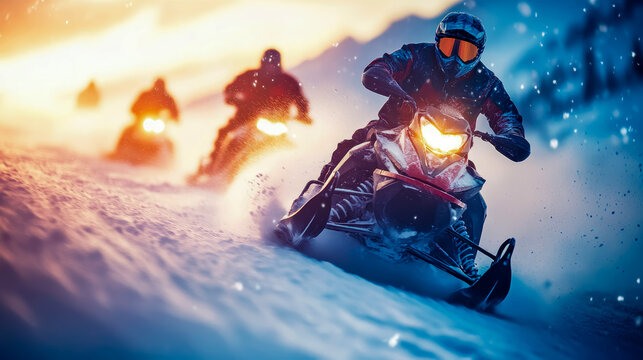 Dynamic snowmobile adventure with riders speeding through snowy mountain landscape at sunset, kicking up powder and creating exhilarating winter sports scene