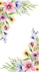 Naklejka premium Floral watercolor frame with pink, purple, and yellow blossoms arrangement
