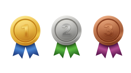 Three medals for first, second, and third place, awarded for achievement and competition.