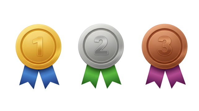 Three medals for first, second, and third place, awarded for achievement and competition.