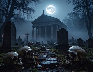 Medieval Foggy Cemetery Scene