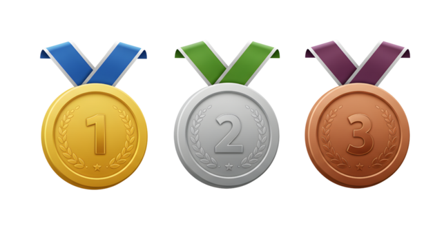Three medals representing first, second, and third place in a competition, each with a colored ribbon.