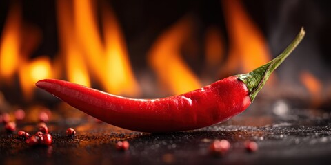 Red chili pepper against a backdrop of fire