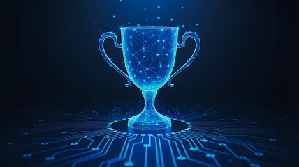 Futuristic glowing digital trophy cup in blue technology background 
