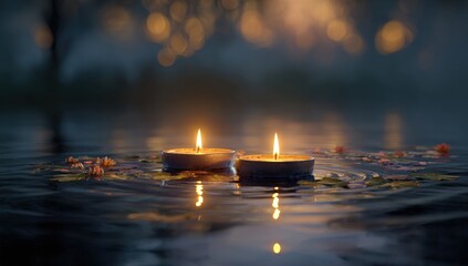 Two candles float on water, surrounded by flowers.  Evening ambiance