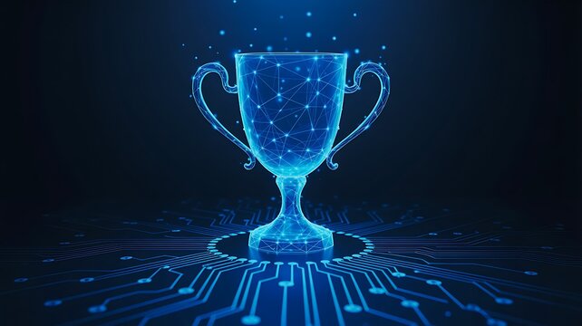 Futuristic glowing digital trophy cup in blue technology background 
