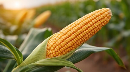 Fresh and Ripe Corn on a Cob Surrounded by Lush Green Leaves in a Sunlit Field, Ready for Harvest During a Beautiful Summer Day