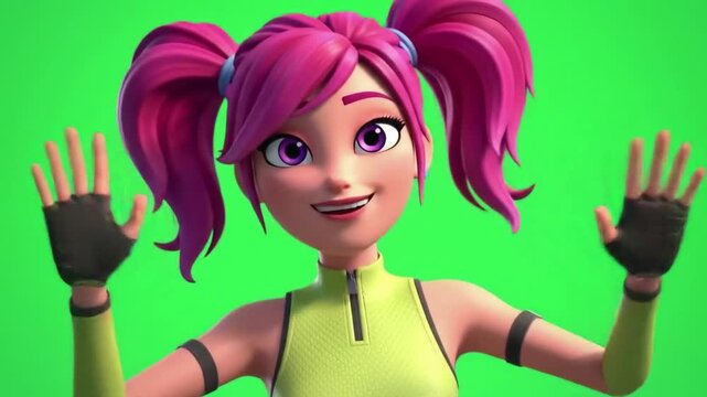 Animated Girl Waving Hello on Green Screen Background