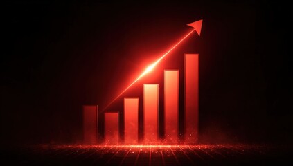Red glowing bar graph rising upward on dark background