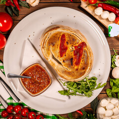 Delicious Pizza Calzone, Italian Pizza Tomatoes Fresh Basil Wooden Background