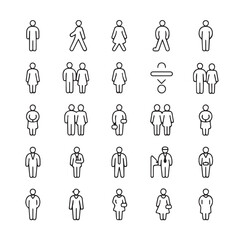 Collection of diverse human pictogram icons representing different genders, couples, and professional roles, isolated on white background technology background